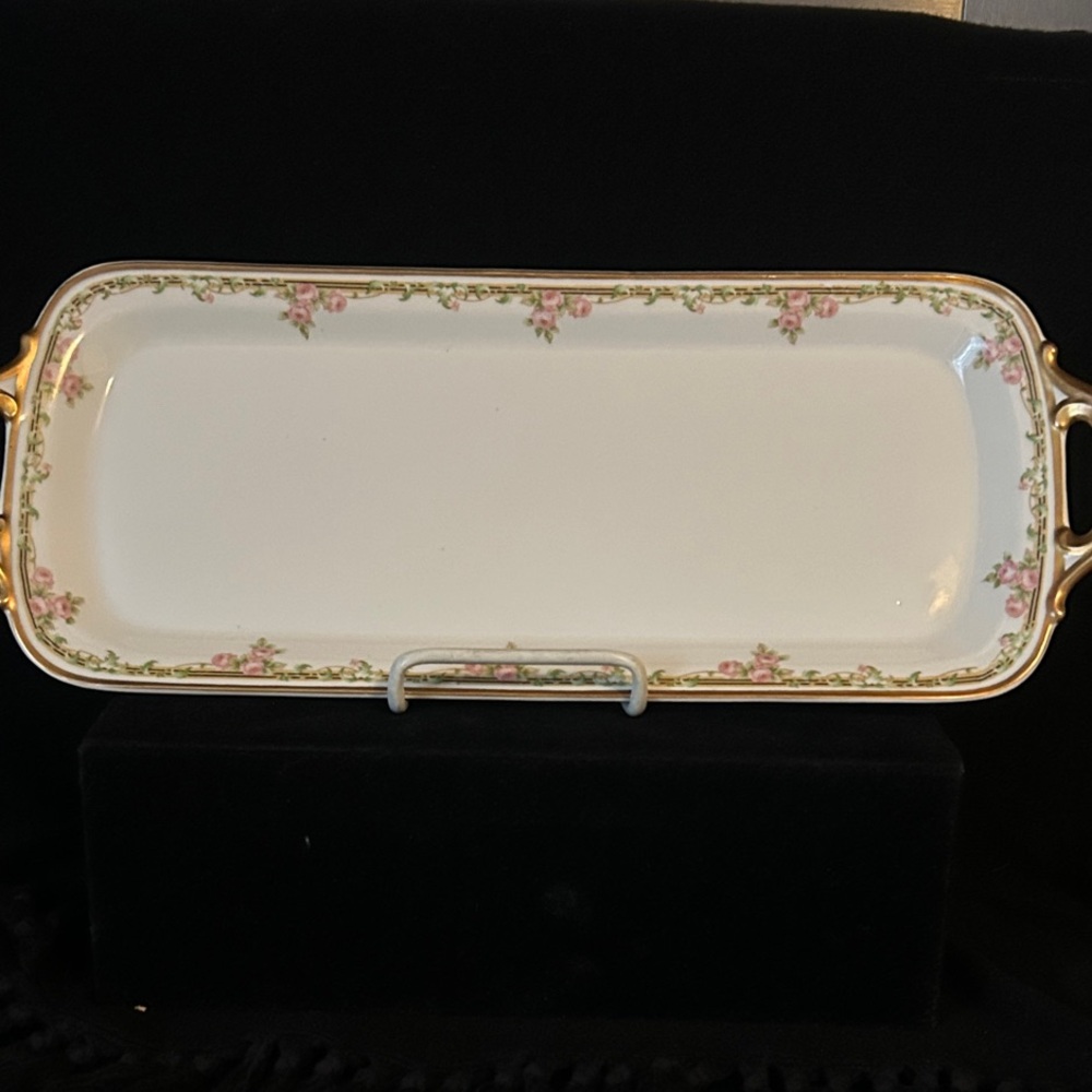 Antique Limoges Porcelain Celery Dish 22k Gilded Painted Handles and Trim